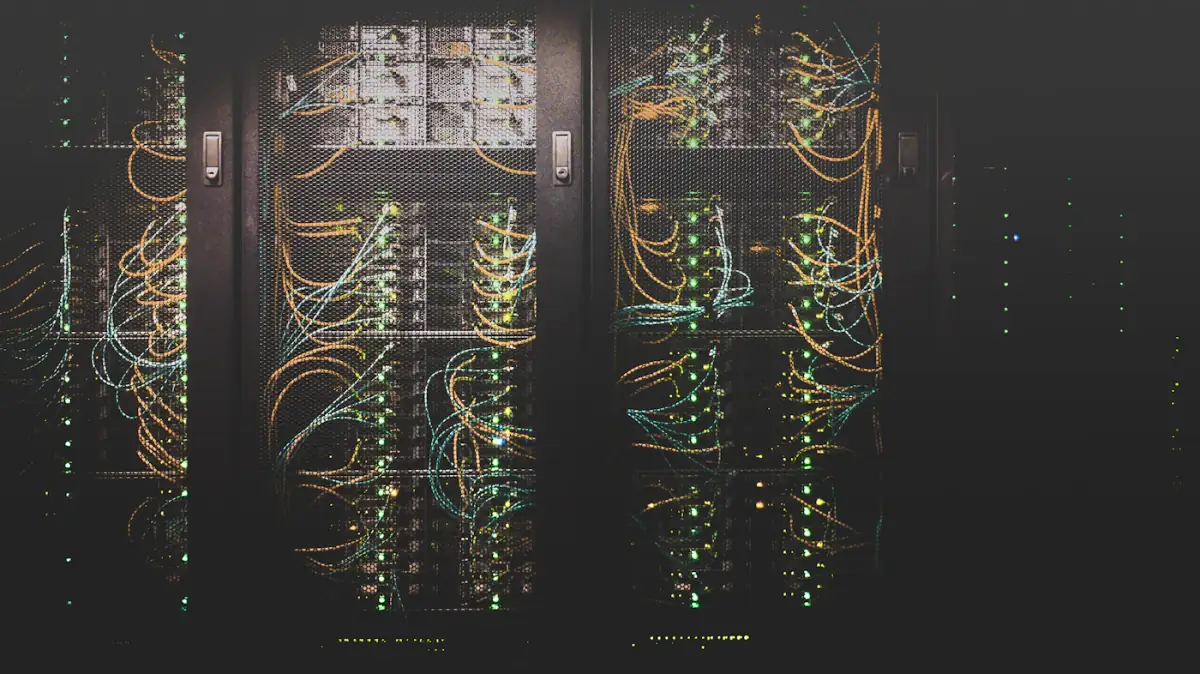 Rows of illuminated servers in a modern data center